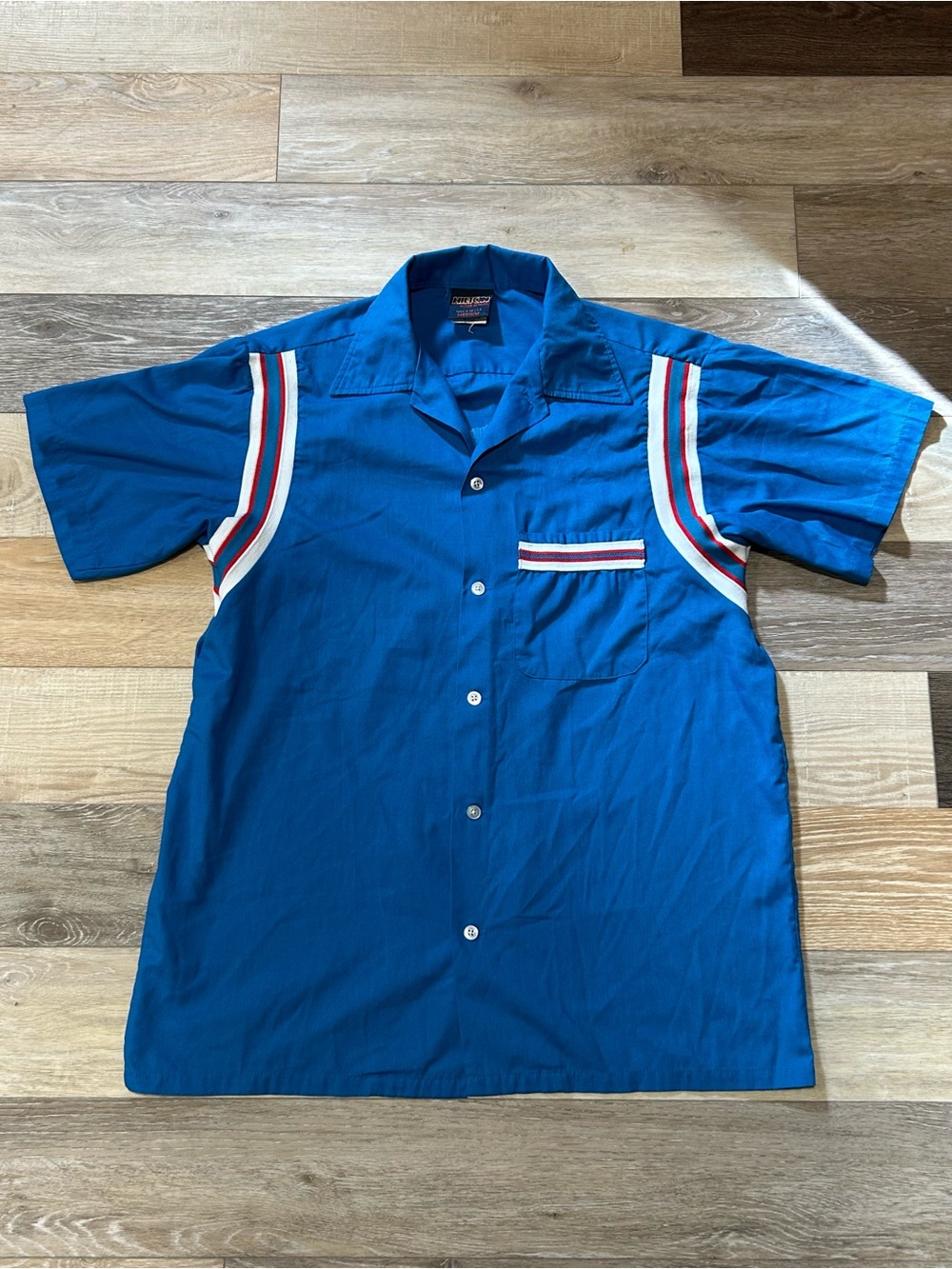 Men's Blue Short-Sleeve Casual Button-Down Shirt with Stripe Accents